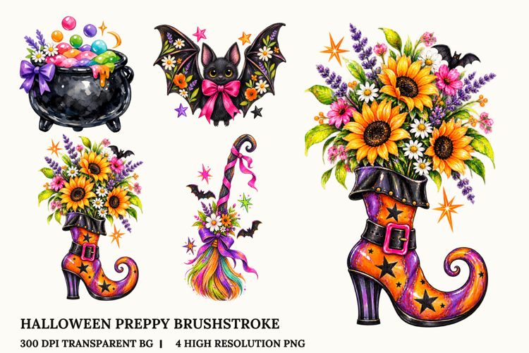 Preppy Halloween Witch Floral Watercolor PNG