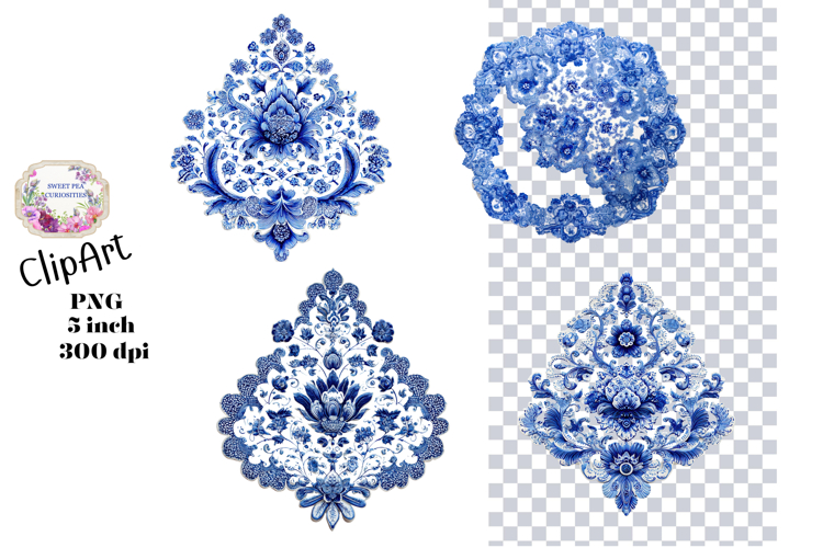 Blue Toile, Ephemera, PNG, Clipart, Junk Journal, flowers