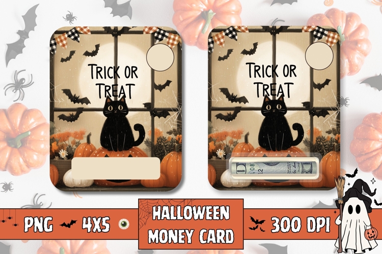 Trick or Treat Money Card, Printable Halloween Black Cat PNG