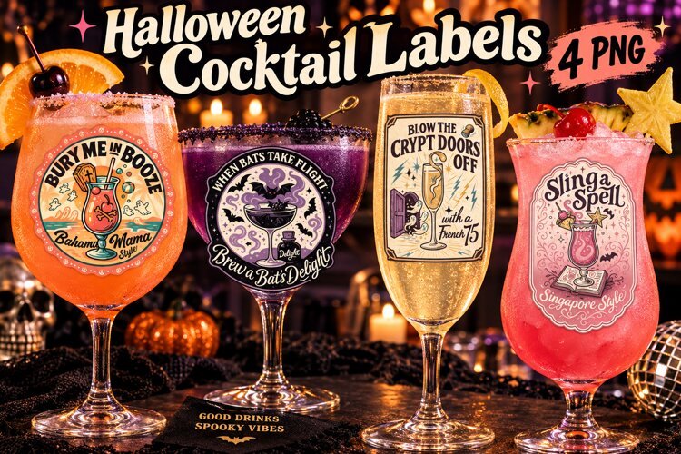 Spooky Cocktail Labels PNG, Haunted Halloween Bar Drinks example image 1