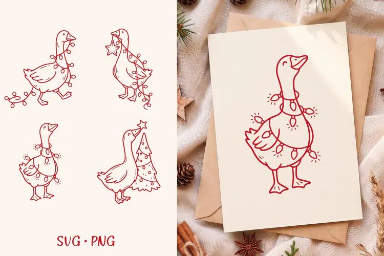 Christmas Lights Goose SVG, Cute Holiday Goose Clipart PNG