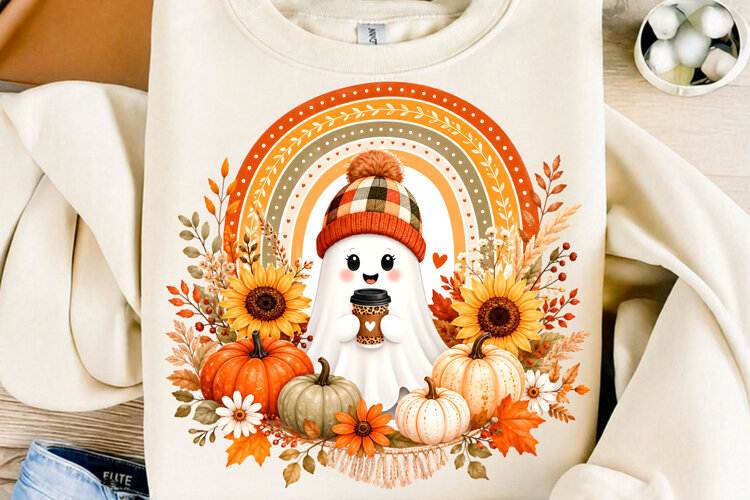 Cozy Fall Ghost Coffee Sunflower PNG example image 1
