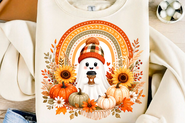 Cozy Fall Ghost Coffee Sunflower PNG
