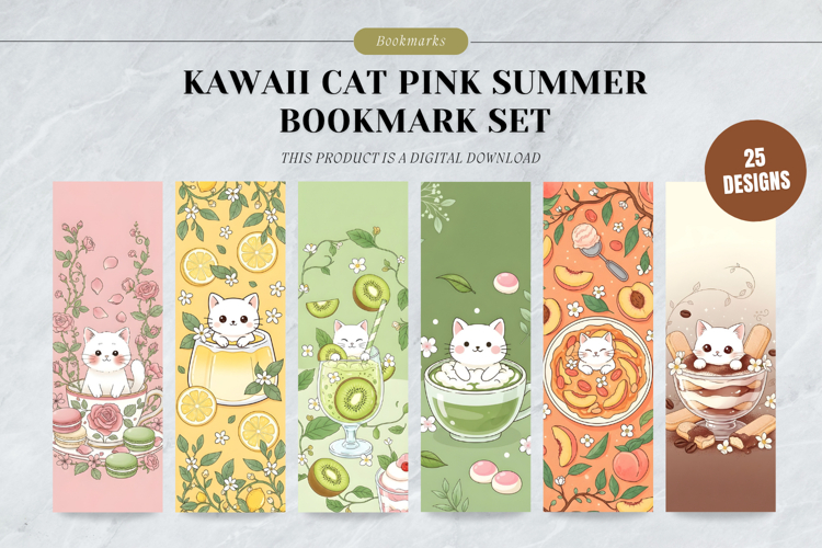 Kawaii Pink Summer Bookmark Set,Cute White Cat in Teacup