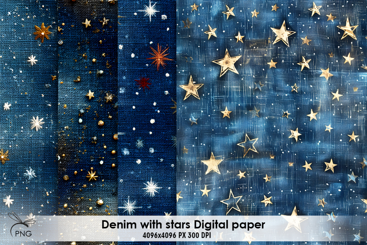 Denim with stars digital paper, background clipart