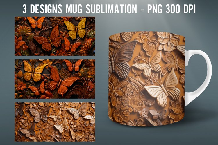 Tooled Leather Butterflies 3D Mug Wrap | Sublimation Coffee example image 1