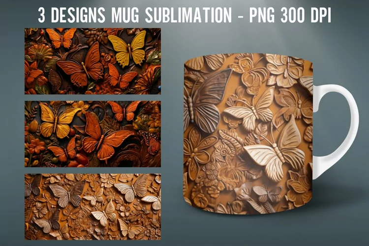 Tooled Leather Butterflies 3D Mug Wrap | Sublimation Coffee
