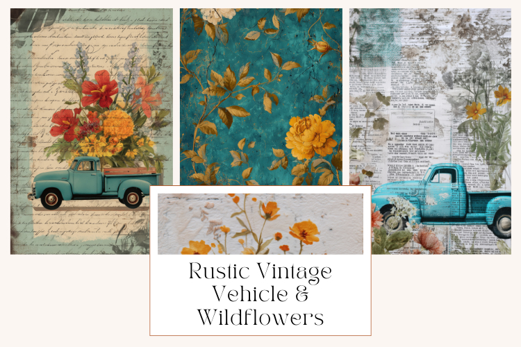 Rustic Vintage Vehicle & Wildflowers Junk Journal Page