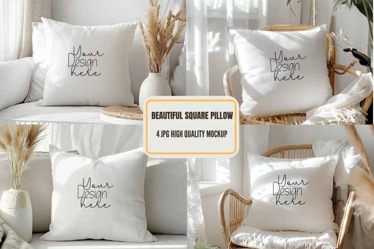 Pillow Mockup, White Square Pillow Mockup, Lay Flat Pillow example image 1