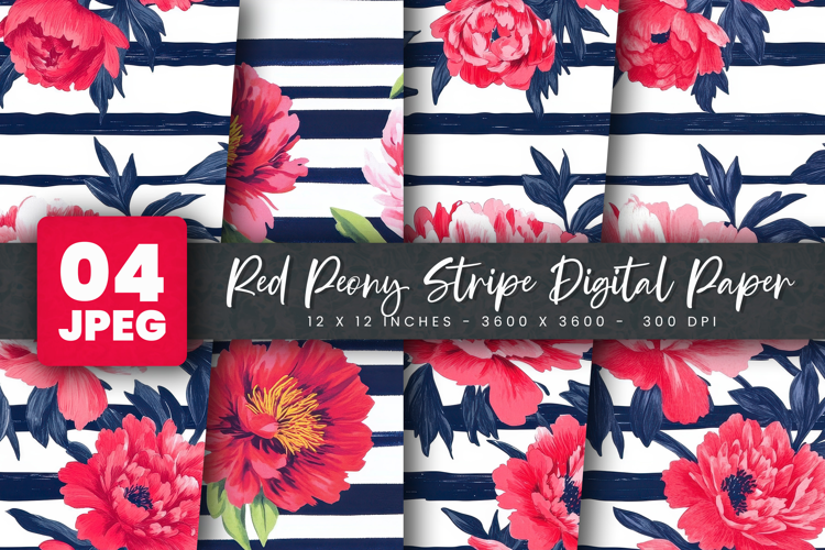 Red Peony Stripe Digital Paper