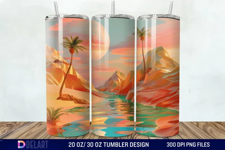 3D Tranquil Desert Oasis Stained Glass Tumbler Wrap
