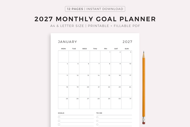 2027 Monthly Goal Planner, Printable & Fillable, A4/Letter