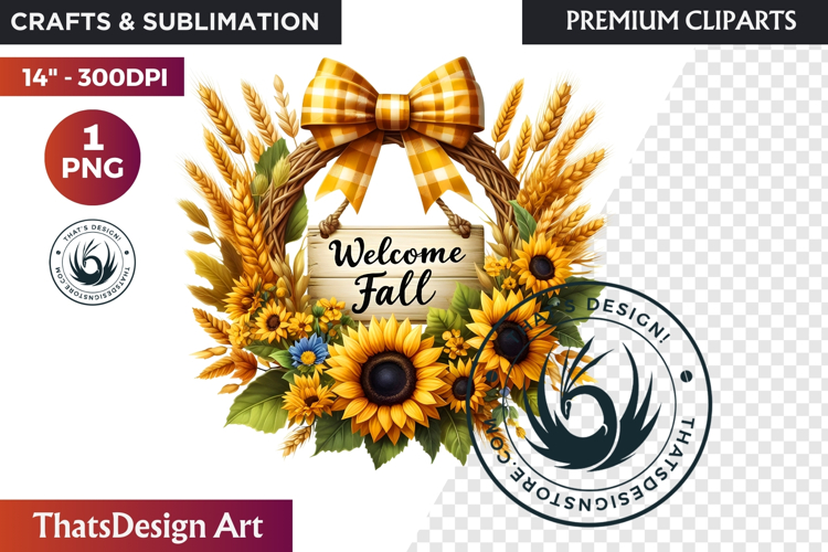 Sunflower Autumn Wreath - Rustic Farmhouse Harvest PNG