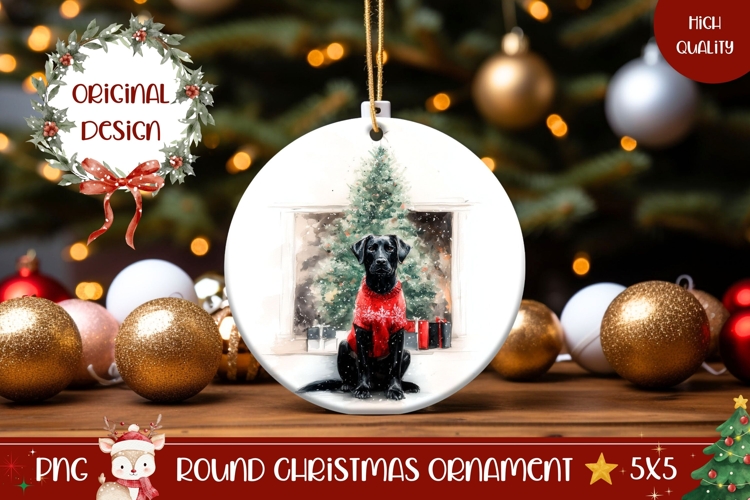 Watercolor Christmas Dog Round Ornament Sublimation PNG