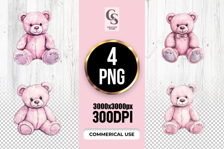 Cute Pink Teddy Bear Clipart Sublimation PNG Bundle