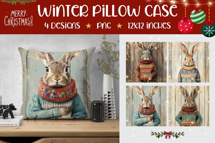 Cartoon Hare Pillowcase, Christmas Animals Pillow Case example image 1