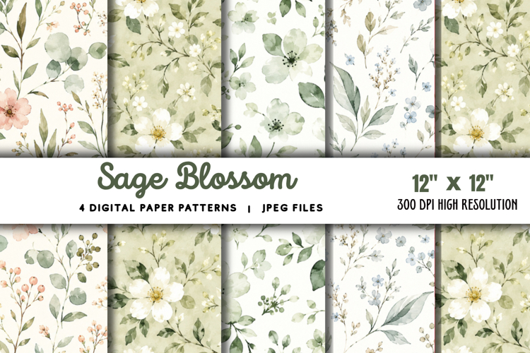 Sage Blossom Watercolor Digital Papers JPG