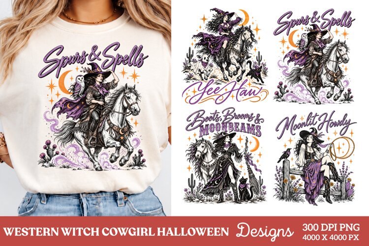 Spurs and Spells Witch PNG, Western Cowgirl Witch Halloween example image 1
