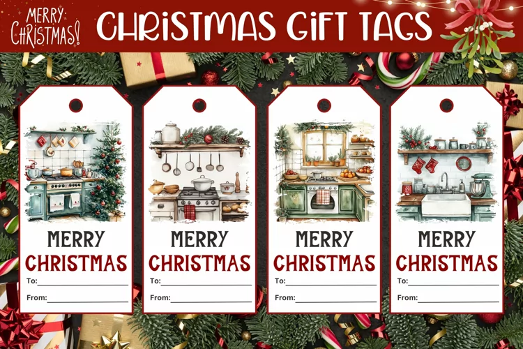 Watercolor Christmas Gift Tags, Christmas House Gift Tag PNG
