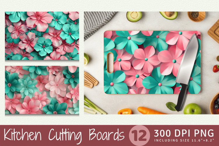 Pink & Teal 3D Flowers Cutting Boards sublimation Design
