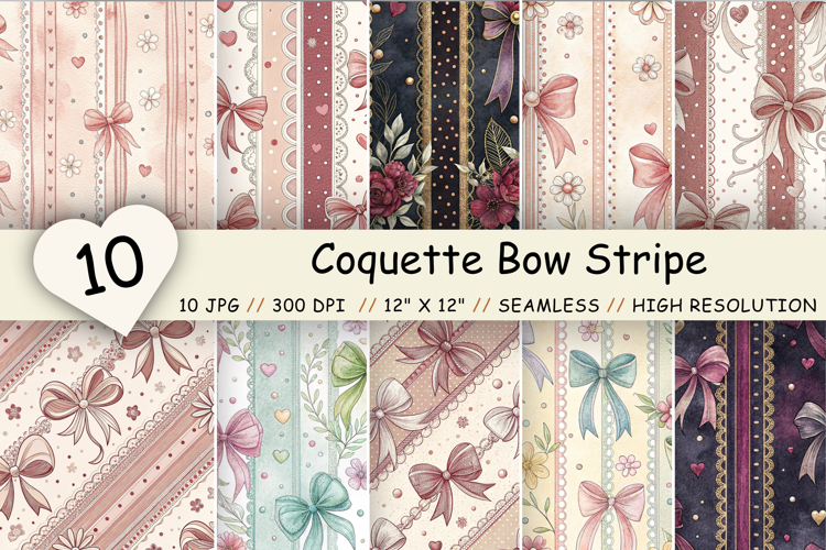 Coquette Bow Stripe Digital Paper, Seamless Watercolor