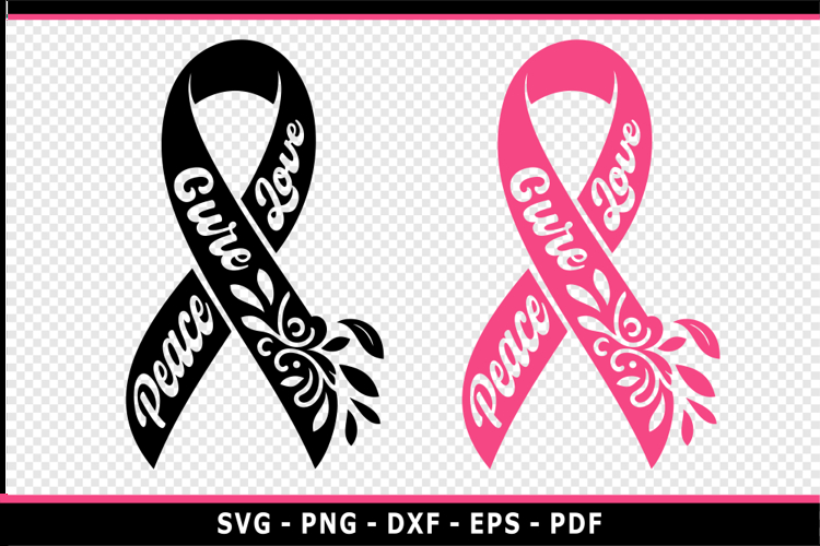 Peace Love Cure SVG, Black breast cancer ribbon SVG
