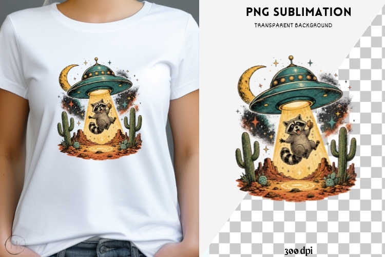 UFO raccoon png design for T-shirts