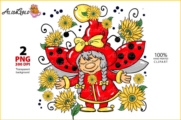 Dwarf ladybug with sunflowers, Sunflowers, Gnome example image 1