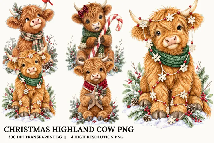 Christmas Highland Cow PNG Cozy Holiday Sublimation Design