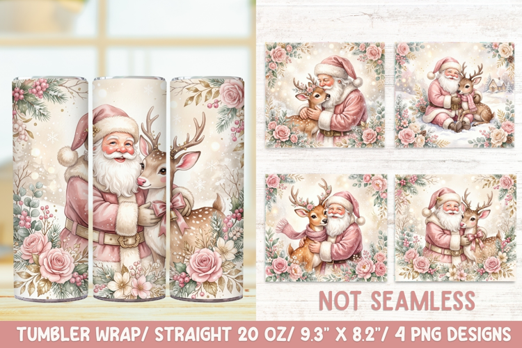 Pink Christmas Santa Reindeer 20 OZ Skinny Tumbler Wrap Png.