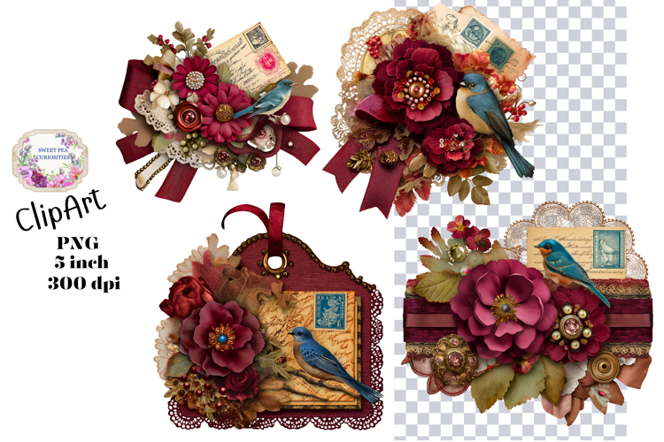 Tags, Flowers, Label, Ephemera, PNG, Junk Journal, clipart