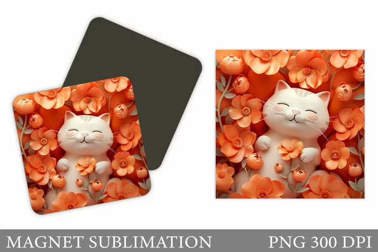 Cute Cat Magnet Design. Cat Flowers Magnet Sublimation
