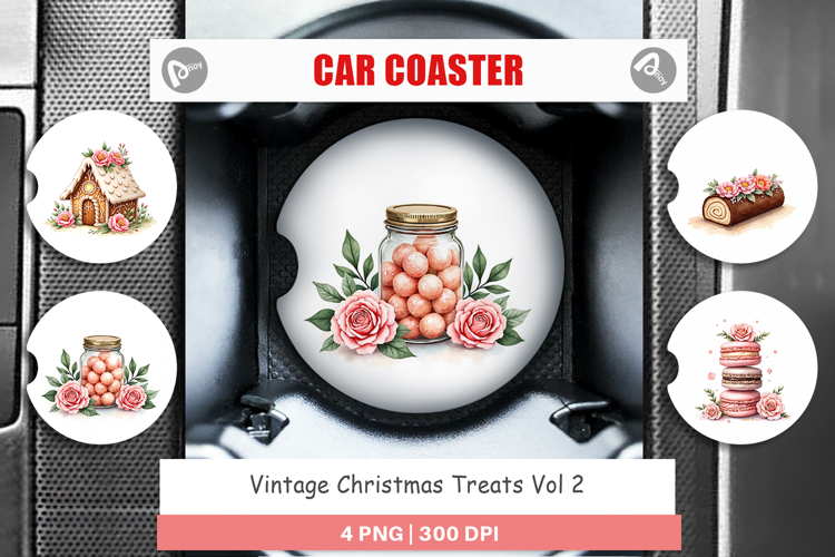 Car Coaster Vintage Christmas Treats Watercolor