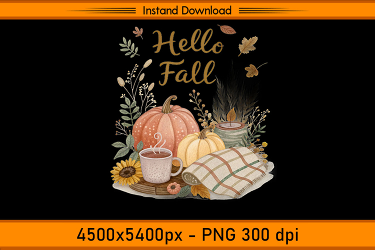 Hello Fall Pumpkins Coffee and Blanket Sublimation PNG