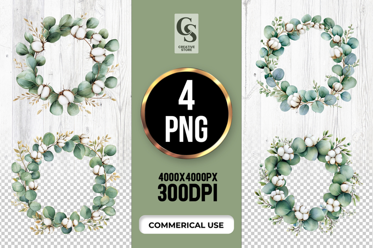 Eucalyptus Cotton Wreath Clipart PNG example image 1