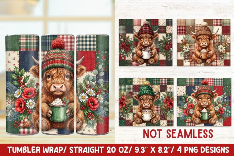Faux Patchwork Christmas Cow 20 OZ Skinny Tumbler Wrap Png.