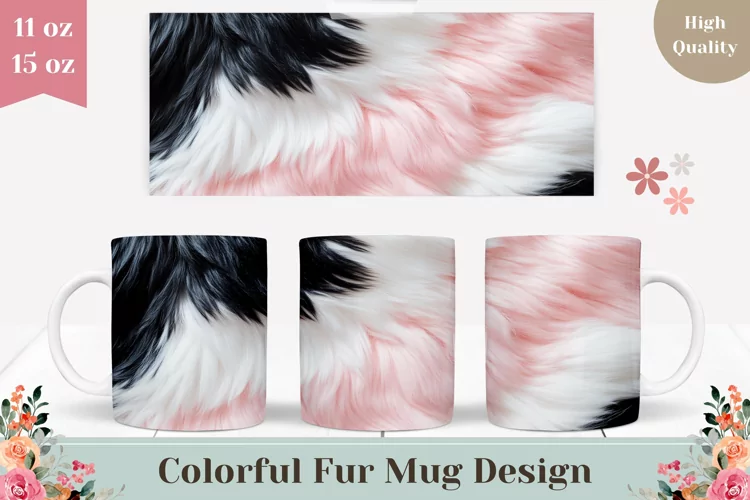 Colorful Fur Mug Wrap Design, Pink Fur Mug Sublimation