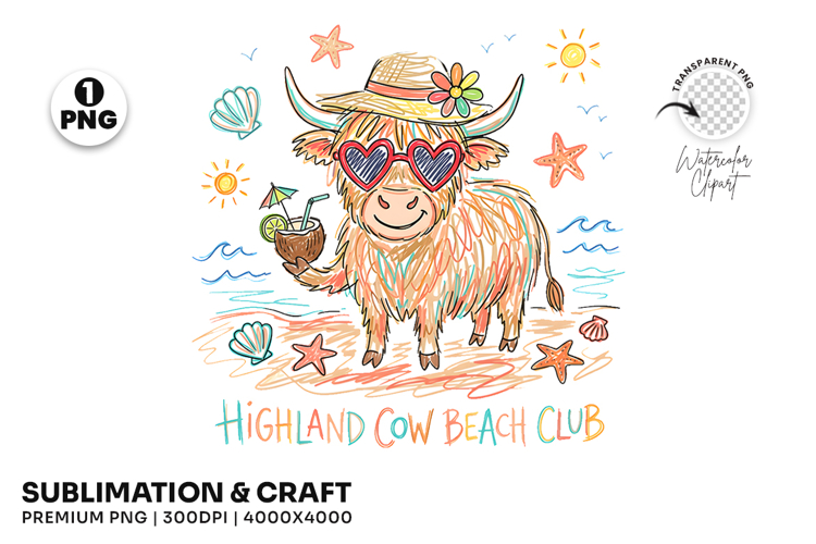 Summer Highland Cow Beach Club Sublimation T-Shirt Design