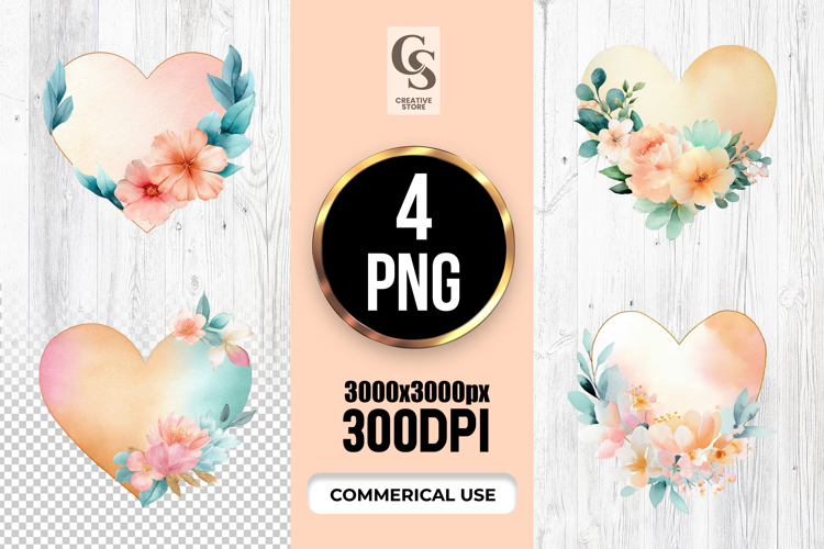 Watercolor Floral Filled Heart Clipart Sublimation PNG