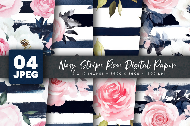 Navy Stripe Rose Digital Paper