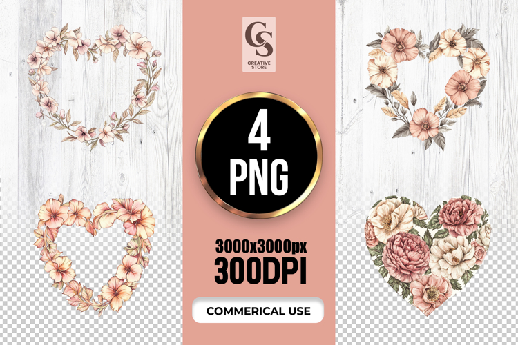 Vintage Floral Heart Wreath Clipart Sublimation PNG