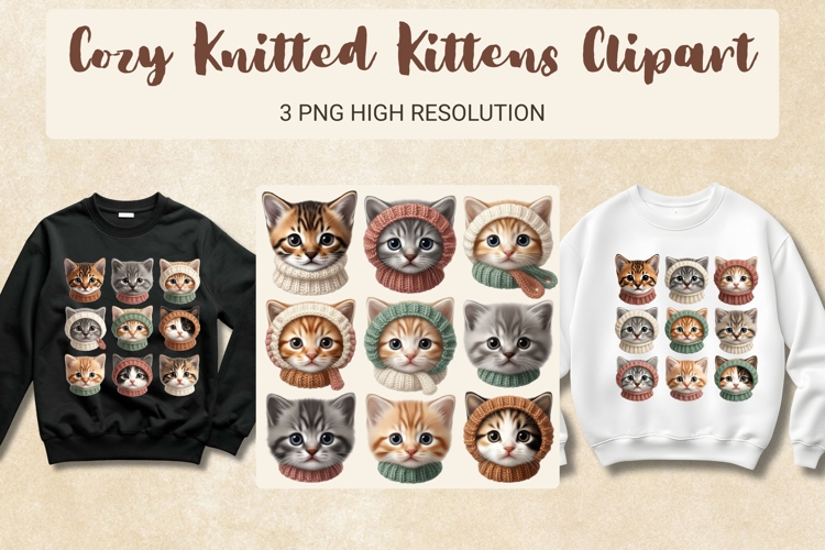 Cozy Knitted Kittens Cute Cat Portraits Clipart