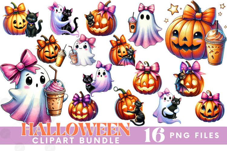Coquette Halloween Pumpkin Iced Coffee PNG DTF Bundle Set