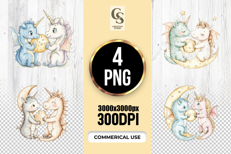 Unicorn Dragon Moon Clipart Sublimation PNG