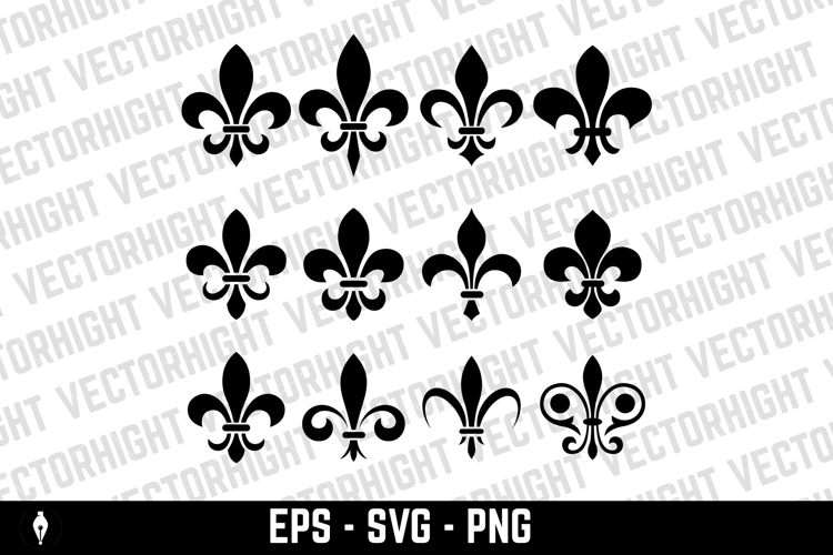 A black and white vector set of twelve fleur-de-lis icons.