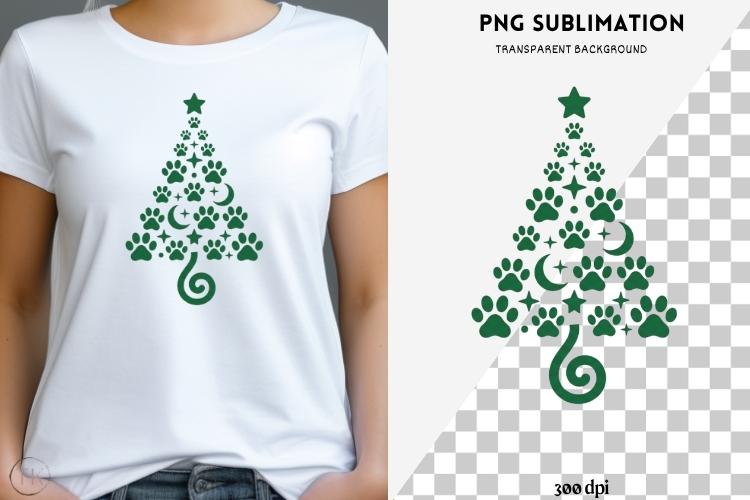 Paw print Christmas tree png design for T-shirts