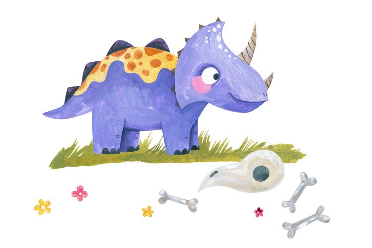 Cute watercolor purple triceratops dinosaur character example image 1
