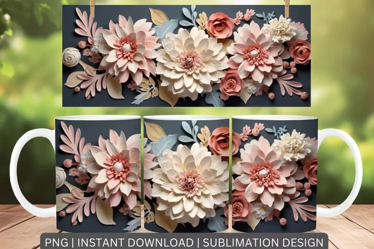 3D Flower Mug Sublimation Wrap Floral Design