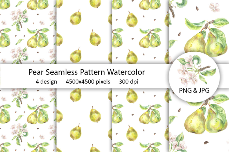 Pear Watercolor Seamless Patterns, Flower Fruit Illustration