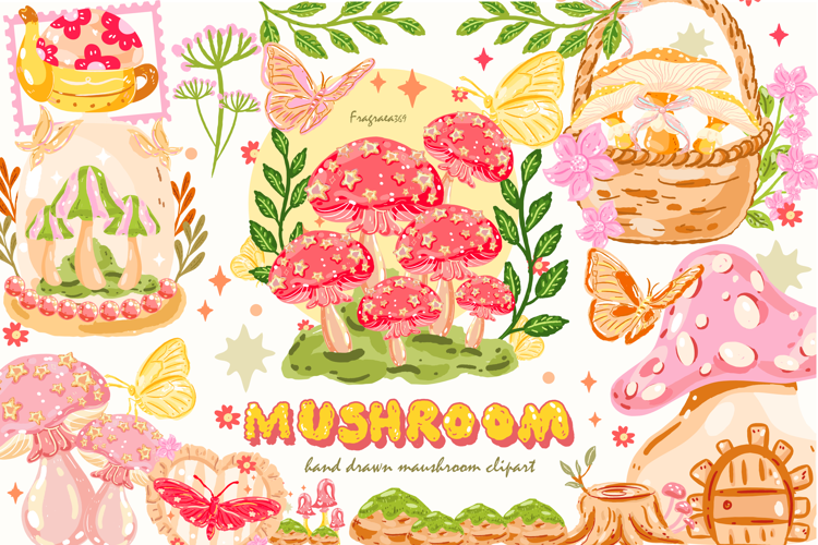 Mushroom Clipart PNG SVG Cute Cottagecore Mushroom Butterfly